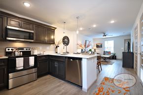 Johnson City townhouse for rent - A modern kitchen with hardwood vinyl flooring, dark wood cabinets and stainless steel appliances. The living room can be seen behind the ktichen.