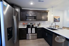 Knoxville townhouse for rent - A kitchen with a stainless steel refrigerator and black cabinets.