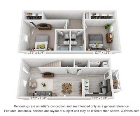 Floor plan for 2 beds, 2.5 baths, 1152 sqft
