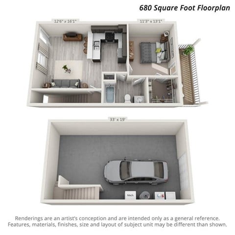 Floor plan for 1 bed, 1 bath, 680 sqft