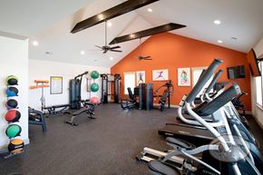 Gray townhouse for rent - A fitness center with weight training and cardio equipment.