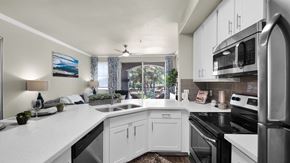 Scottsdale apartment for rent - A modern kitchen with white cabinets and stainless steel appliances.