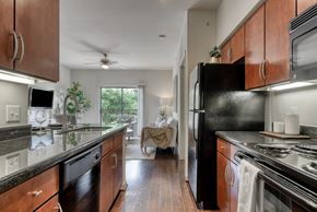 San Antonio apartment for rent - an open kitchen with black appliances and wood cabinets