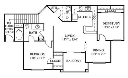 Floor plan for 2 beds, 1 bath, 954 sqft