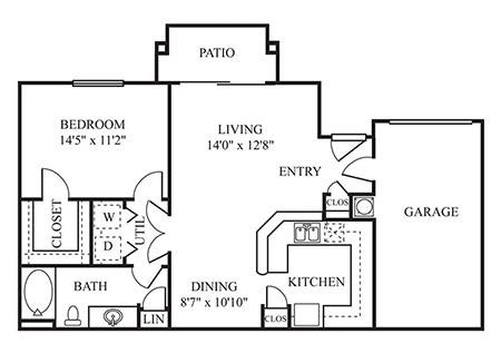 Floor plan for 1 bed, 1 bath, 812 sqft