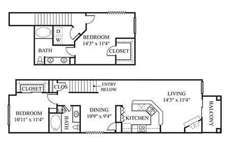 Floor plan for 2 beds, 2 baths, 1291 sqft