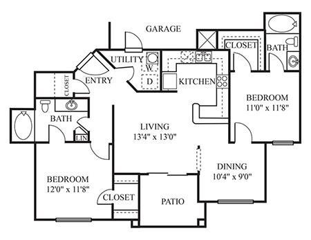 Floor plan for 2 beds, 2 baths, 1016 sqft