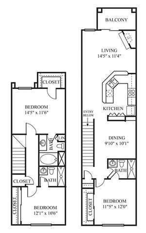 Floor plan for 3 beds, 3 baths, 1343 sqft