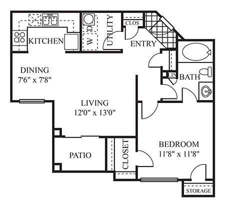 Floor plan for 1 bed, 1 bath, 702 sqft