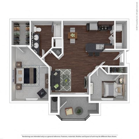 Floor plan for 2 beds, 1 bath, 932 sqft