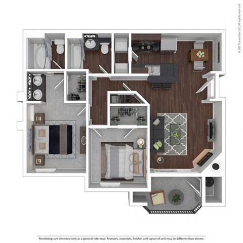 Floor plan for 2 beds, 2 baths, 1136 sqft