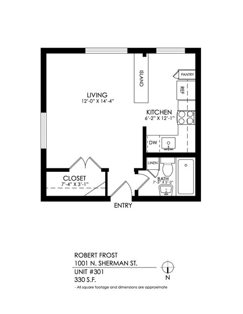Floor plan for studio, 1 bath, 335 sqft
