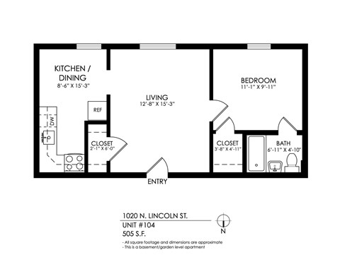 Floor plan for 1 bed, 1 bath, 623 sqft