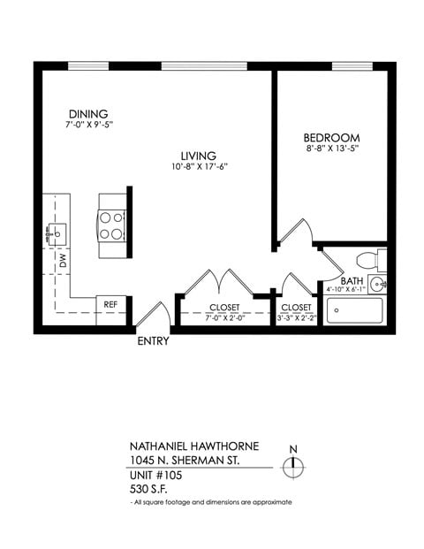 Floor plan for 1 bed, 1 bath, 550 sqft
