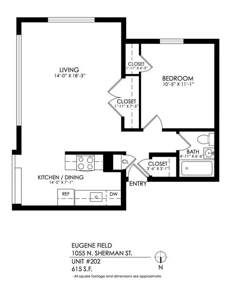 Floor plan for 1 bed, 1 bath, 650 sqft