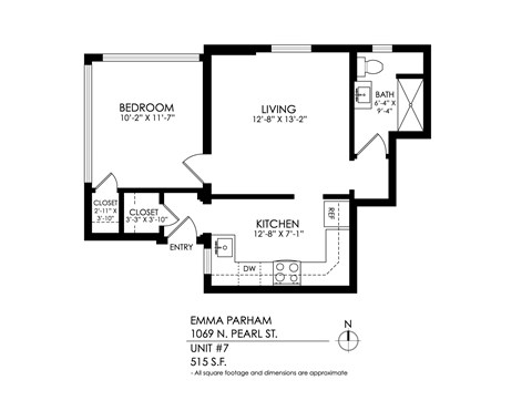 Floor plan for 1 bed, 1 bath, 515 sqft