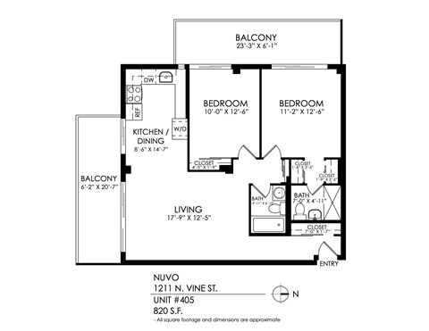 Floor plan for 2 beds, 2 baths, 830 sqft
