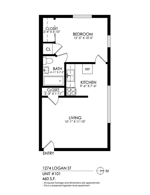 Floor plan for 1 bed, 1 bath, 460 sqft