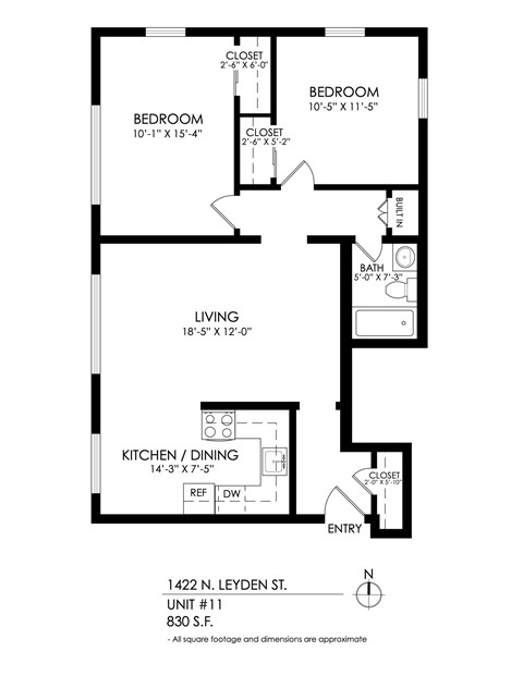 Floor plan for 2 beds, 1 bath, 830 sqft
