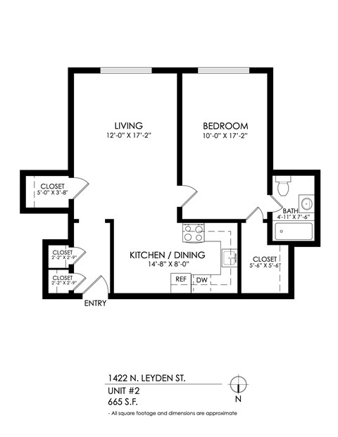 Floor plan for 1 bed, 1 bath, 665 sqft