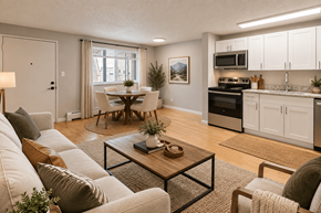Denver apartment for rent - A modern living room with a dining area and kitchen in the background.