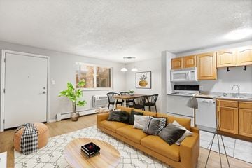 Denver apartment for rent - a living room with a yellow couch and a kitchen with a sink
