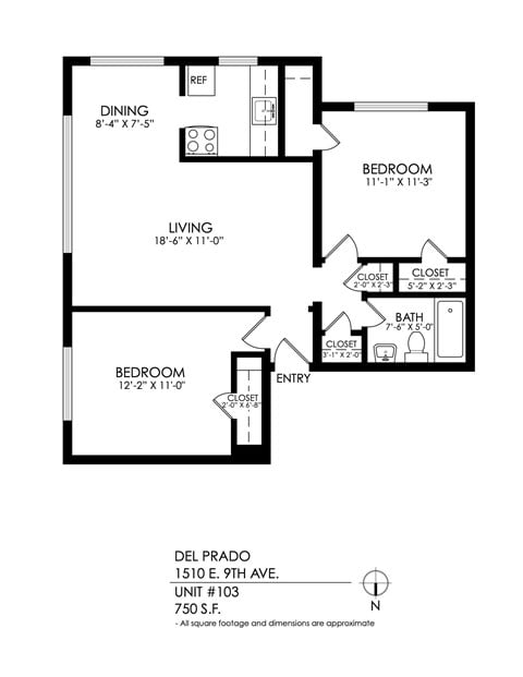 Floor plan for 2 beds, 1 bath, 750 sqft