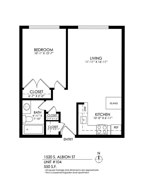 Floor plan for 1 bed, 1 bath, 575 sqft