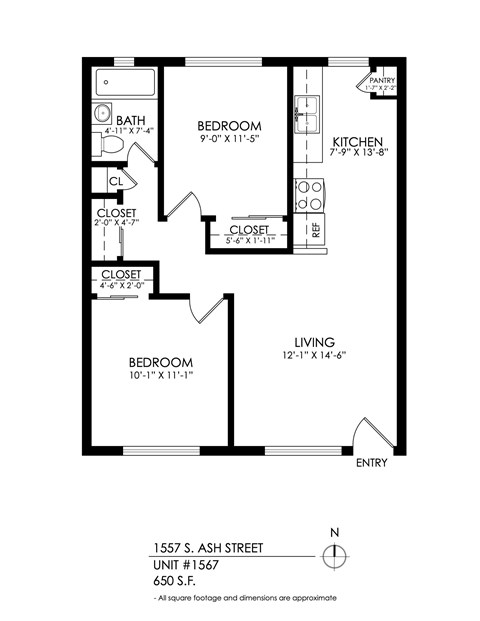 Floor plan for 2 beds, 1 bath, 650 sqft