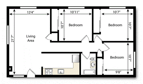 Floor plan for 3 beds, 1 bath, 700 sqft