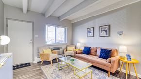 Denver apartment for rent - a living room with a couch and chairs and a coffee table