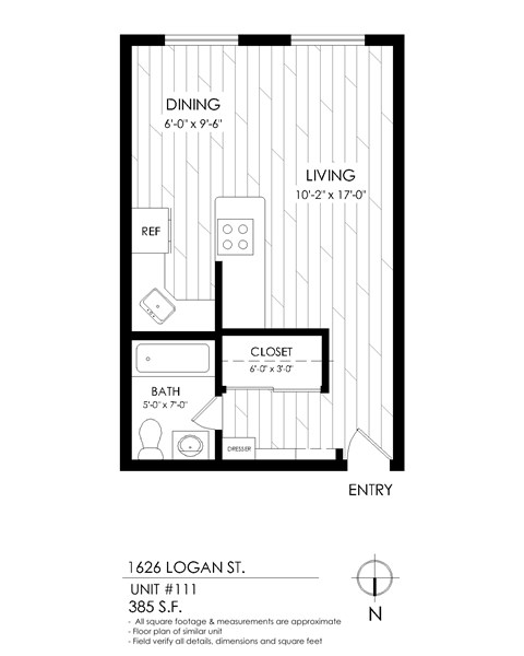 Floor plan for studio, 1 bath, 395 sqft