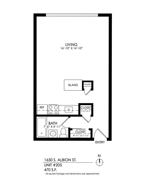 Floor plan for studio, 1 bath, 470 sqft