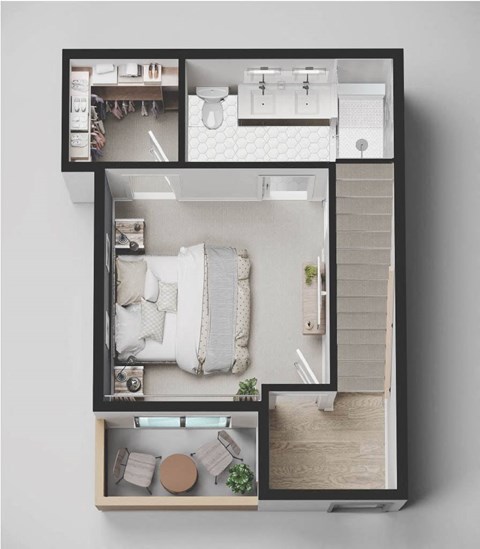 Floor plan for 1 bed, 1.5 baths, 857 sqft