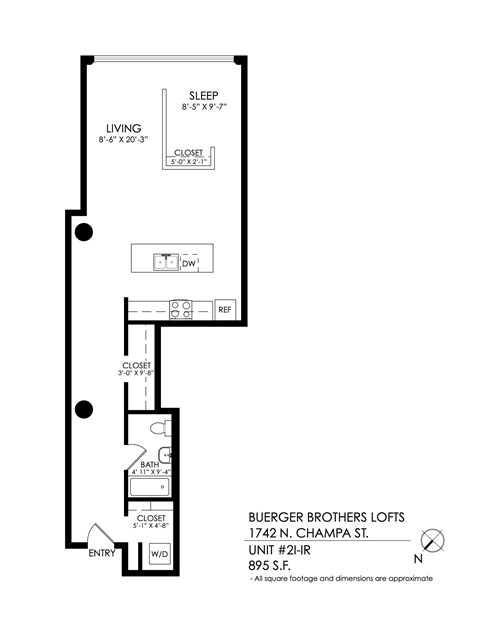 Floor plan for 1 bed, 1 bath, 895 sqft