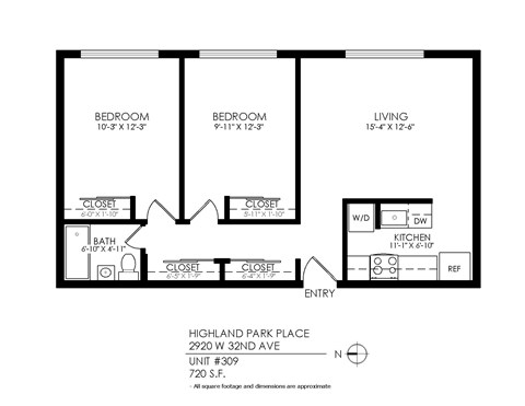 Floor plan for 2 beds, 1 bath, 690 sqft