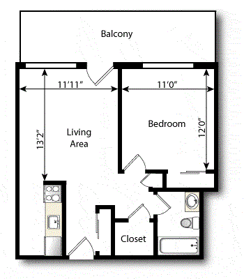 Floor plan for 1 bed, 1 bath, 590 sqft