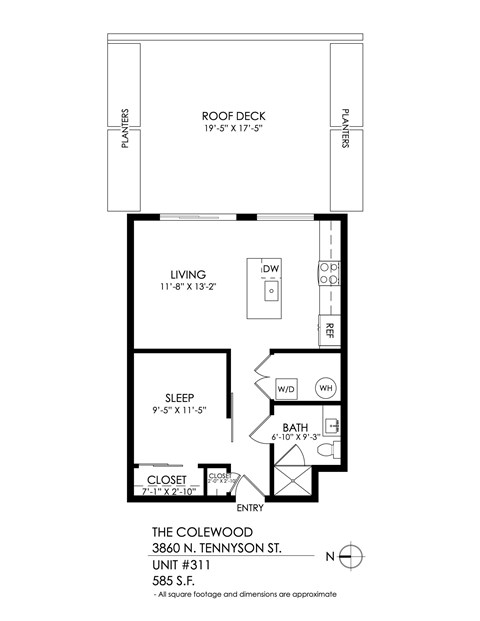 Floor plan for 1 bed, 1 bath, 585 sqft