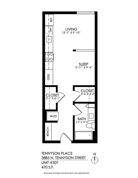 Floor plan for studio, 1 bath, 485 sqft