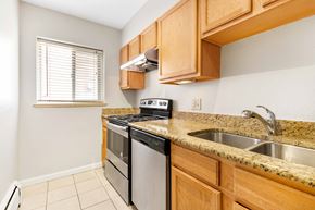 Denver apartment for rent - the kitchen has granite counter tops and stainless steel appliances and wooden cabinets