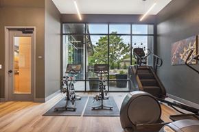 Denver apartment for rent - A gym with exercise equipment and a view of trees outside the window.
