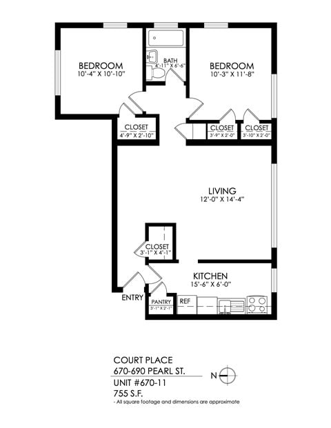 Floor plan for 2 beds, 1 bath, 755 sqft