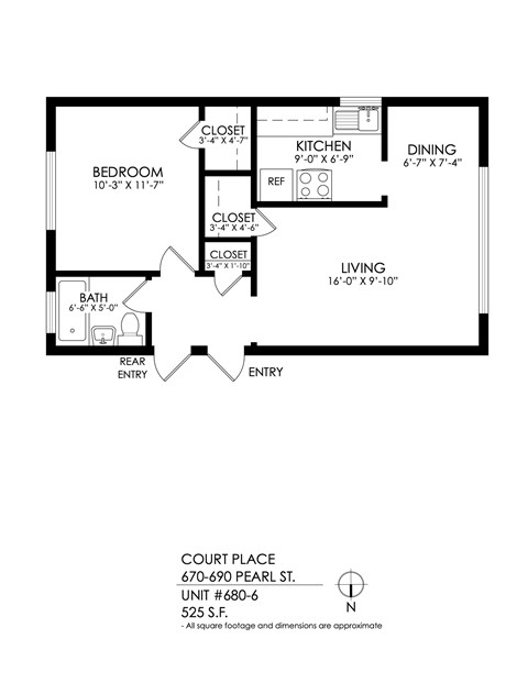 Floor plan for 1 bed, 1 bath, 525 sqft