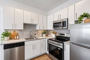 Denver apartment for rent - A modern kitchen with white cabinets and stainless steel appliances.
