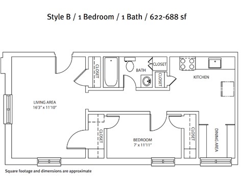 Floor plan for 1 bed, 1 bath, 668 sqft