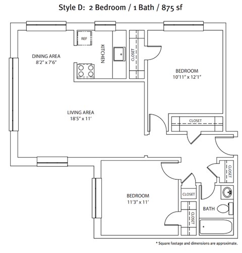 Floor plan for 2 beds, 1 bath, 840 sqft