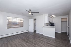 Denver apartment for rent - A spacious room with a ceiling fan and wooden flooring.