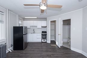 Denver apartment for rent - A black refrigerator sits in a kitchen with white walls and a ceiling fan.