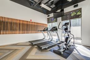 Denver apartment for rent - three treadmills and yoga mats in a gym with large windows