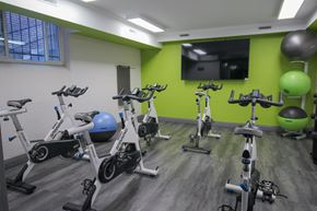 Denver apartment for rent - A gym with a green wall and exercise equipment.